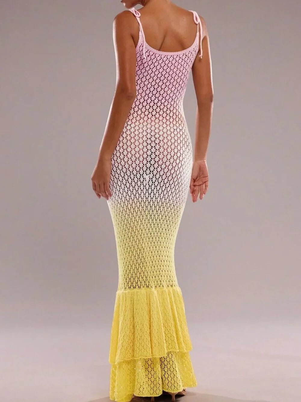 Multicolor Casual Elegant Women's Long Ruffle Fishtail Hollow Knit Dress